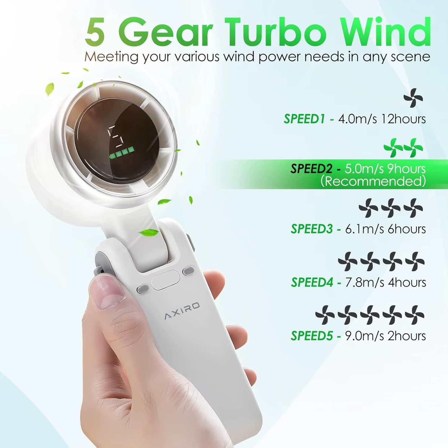 Axiro Mini Turbo Fan — 5-Speed Portable Handheld & Desktop Fan